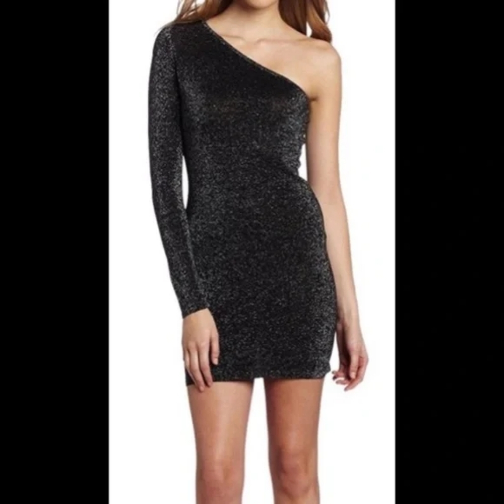 BCBG MAXAZRIA Inya Black Sparkle‎ One Sleeve Party dress. Size Sm/Med